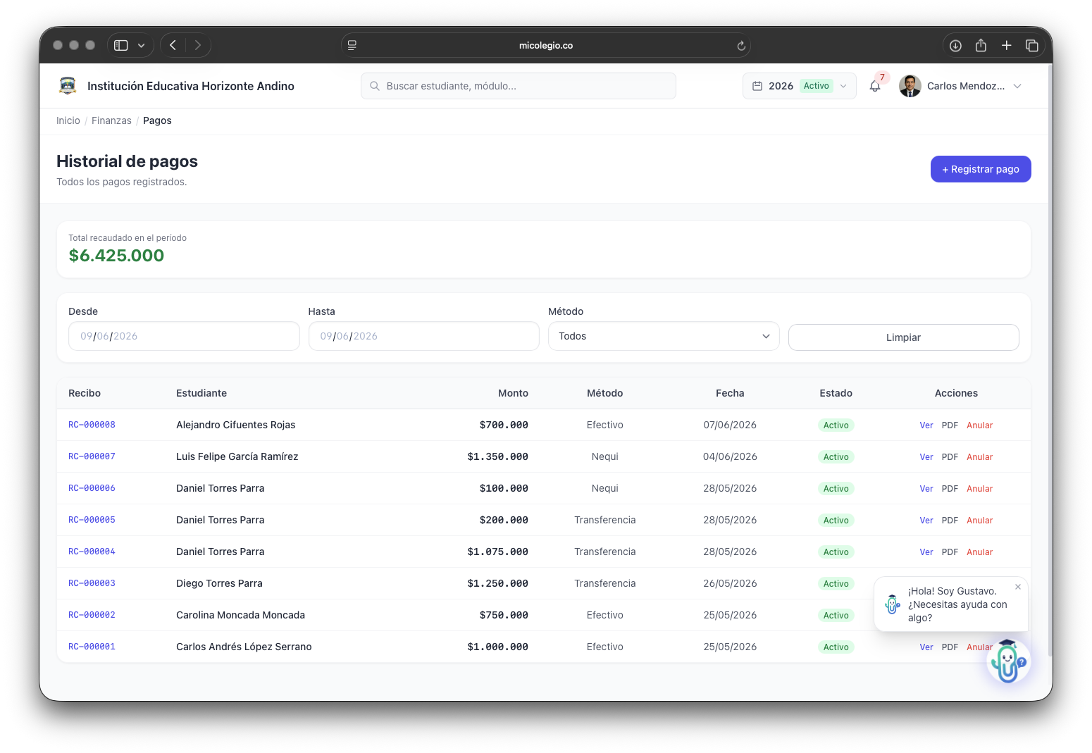 Historial de pagos y transacciones registradas